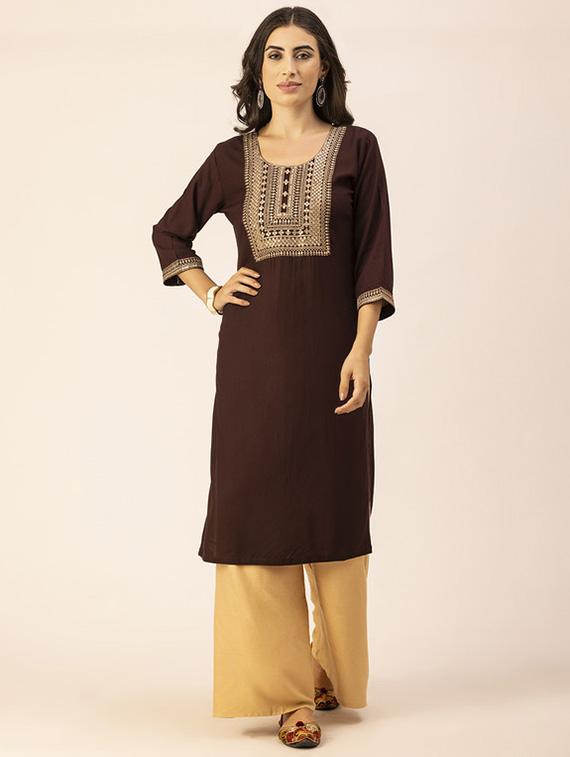 women yoke embroidered straight kurta - 20254842 - Zoom Image - 0