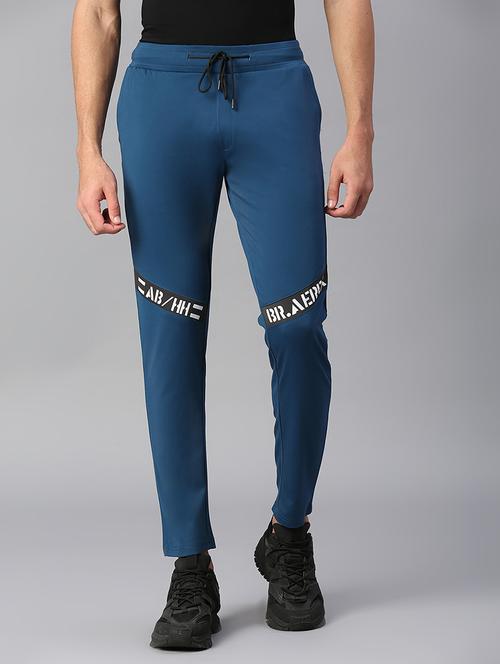 men navy blue cotton blend full length track pant - 20255258 - Standard Image - 0