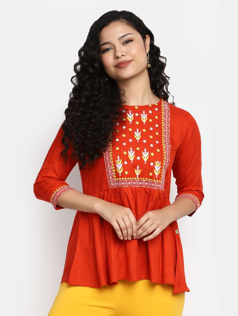 women orange boat neck a-line kurti