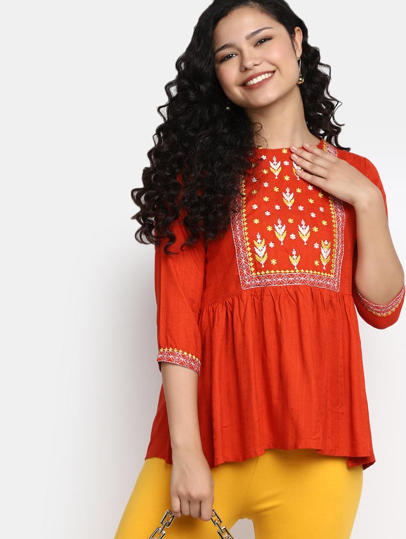 women orange boat neck a-line kurti - 20256454 - Standard Image - 1