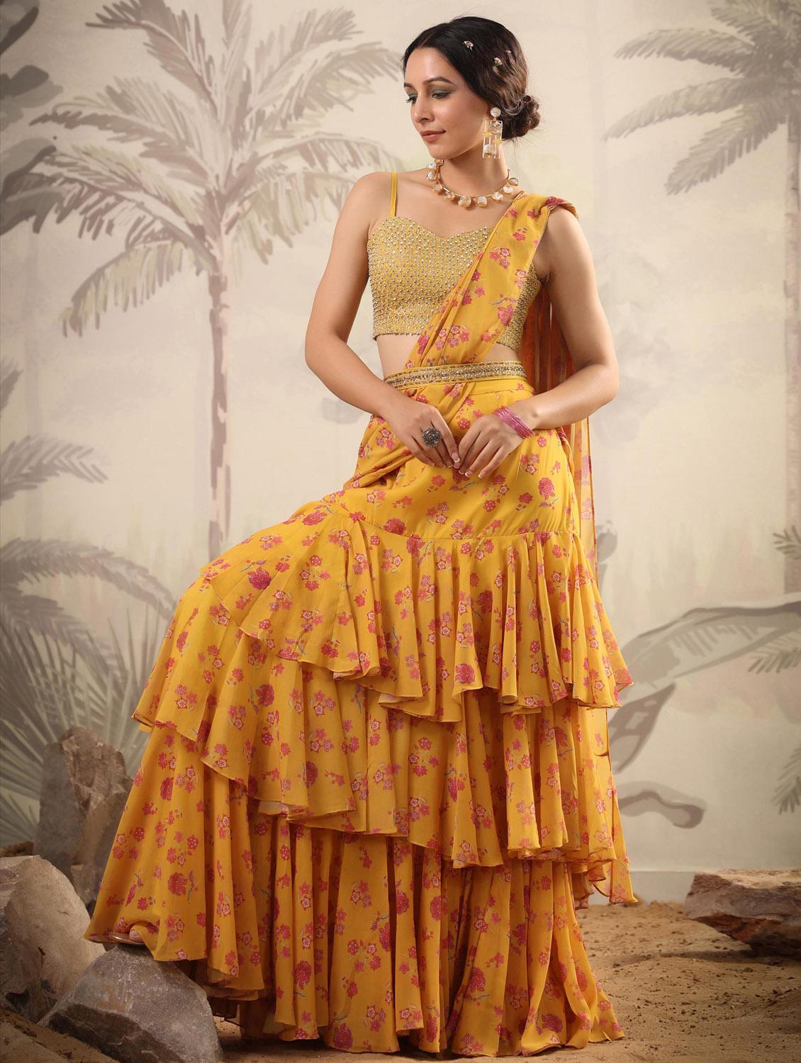 yellow floral print ruffle draped saree - 20261647 -  Standard Image - 1