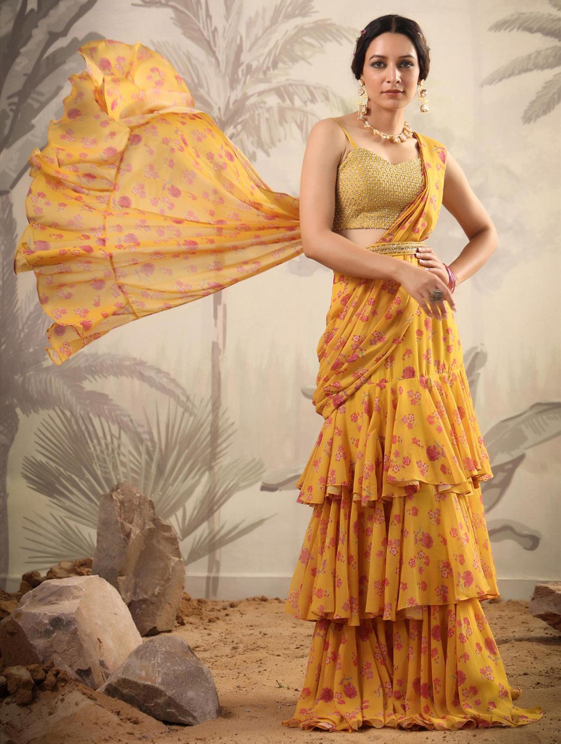 yellow floral print ruffle draped saree - 20261647 - Standard Image - 4