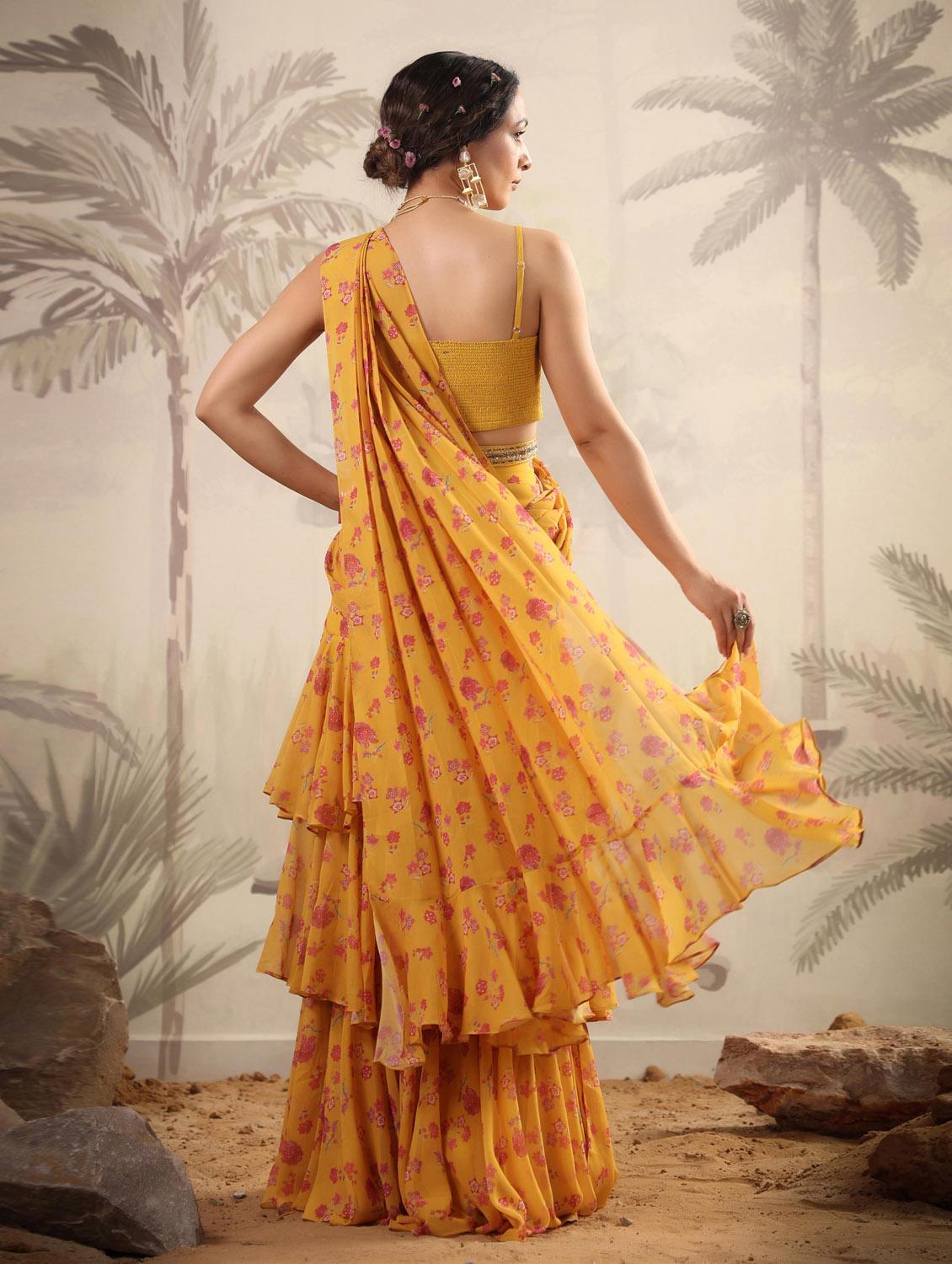 yellow floral print ruffle draped saree - 20261647 - Standard Image - 6