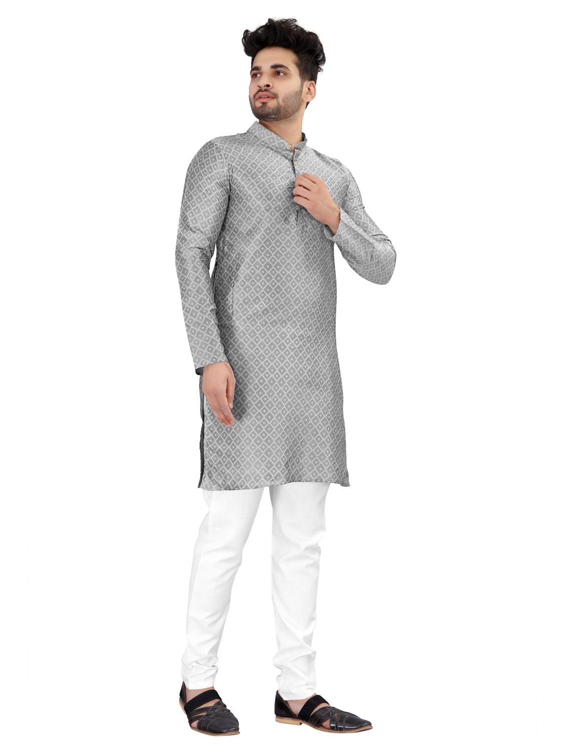 men grey jacquard long kurtas kurta - 20263533 - Standard Image - 1