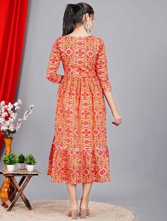 women orange florals printed flared dress - 20263804 - Standard Image - 1