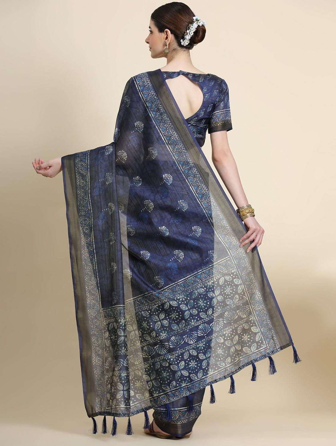 women's batik navy blue colored saree with blouse - 20264195 - Standard Image - 1