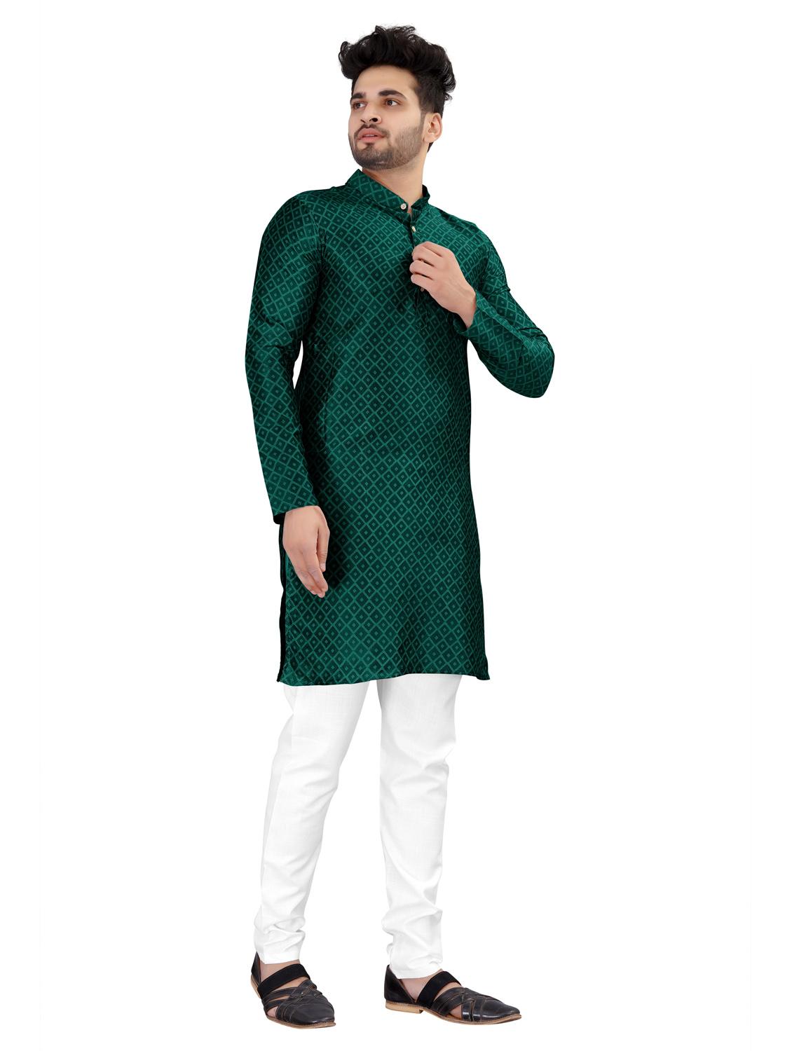 men green jacquard cotton kurta white pyjama ethnic wear set - 20264584 -  Standard Image - 1