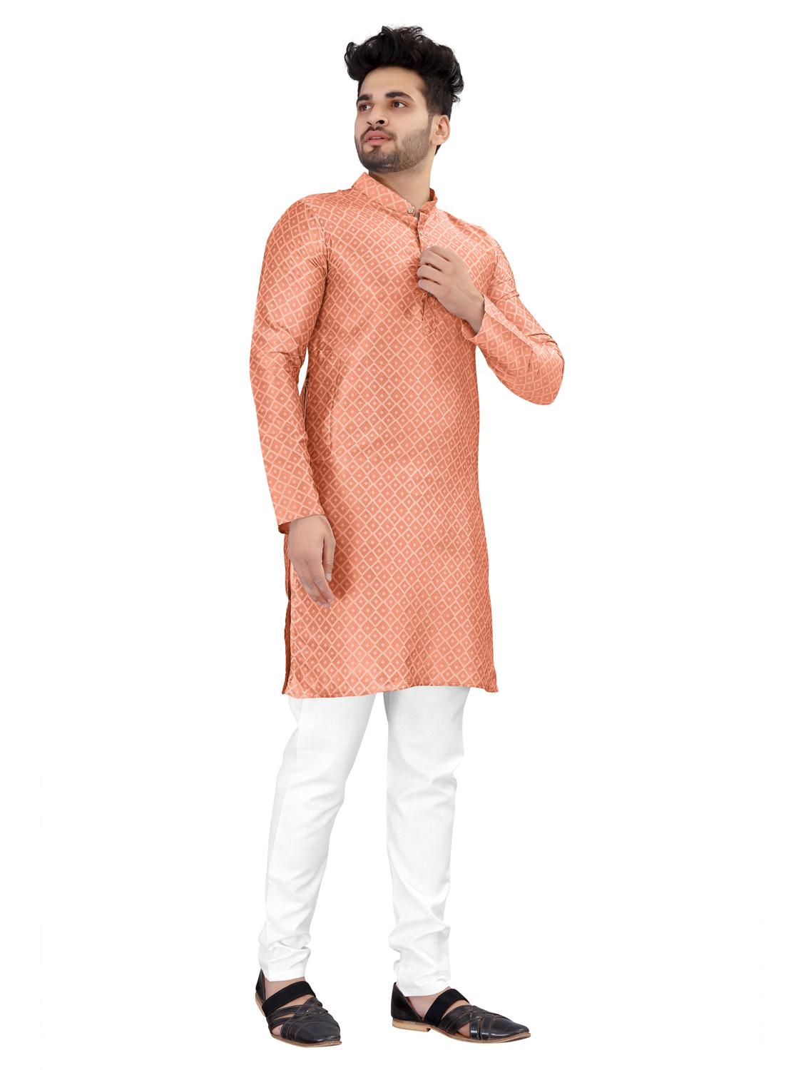 men peach cotton kurta white pyjama ethnic wear set - 20264586 -  Standard Image - 1