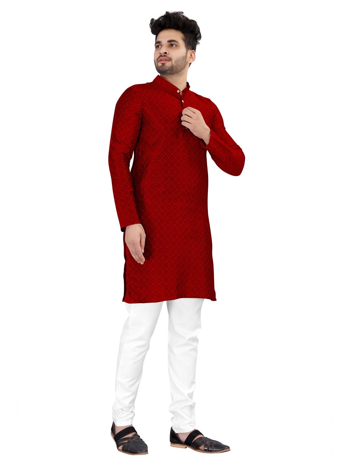 men red jacquard work cotton kurta white pyjama ethnic wear set - 20264589 -  Standard Image - 1