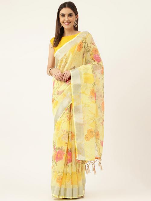 women's floral mellow yellow colored saree with blouse - 20264663 -  Standard Image - 0