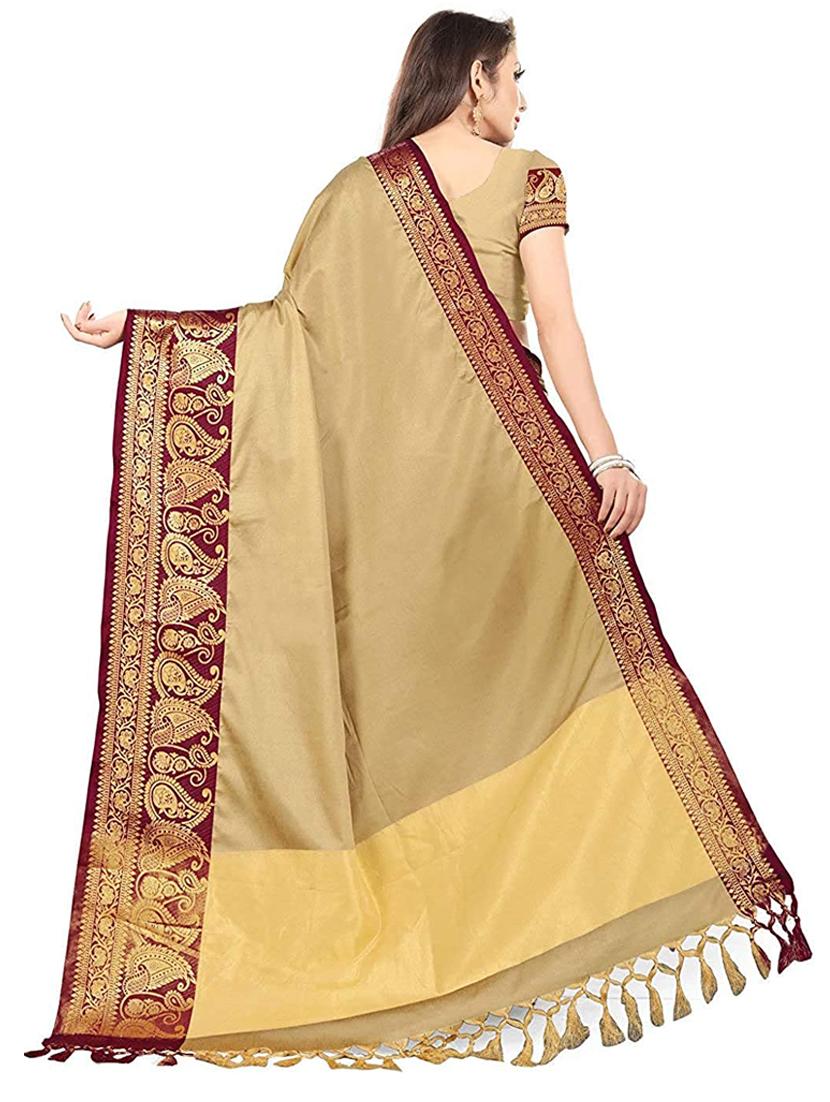 beige solid with bordered saree - 20264712 - Standard Image - 1
