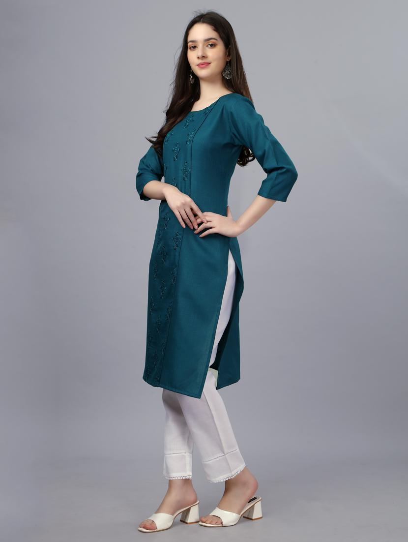 teal embroidered straight kurta - 20264925 -  Standard Image - 1