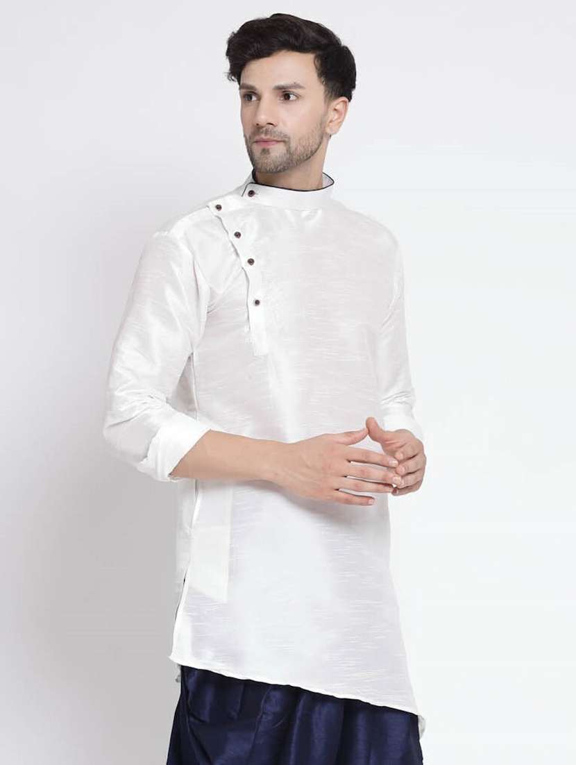 men mandarin neck solid asymmetric short kurta