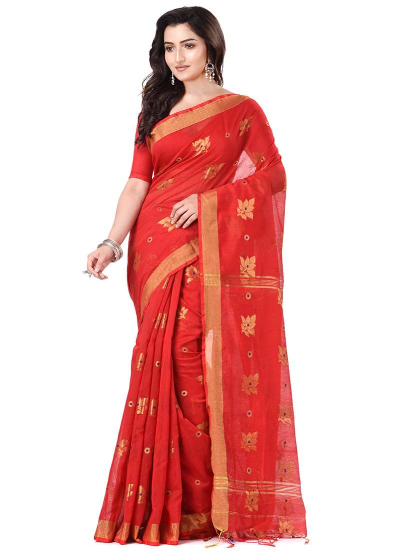 women's self design red colored saree with blouse