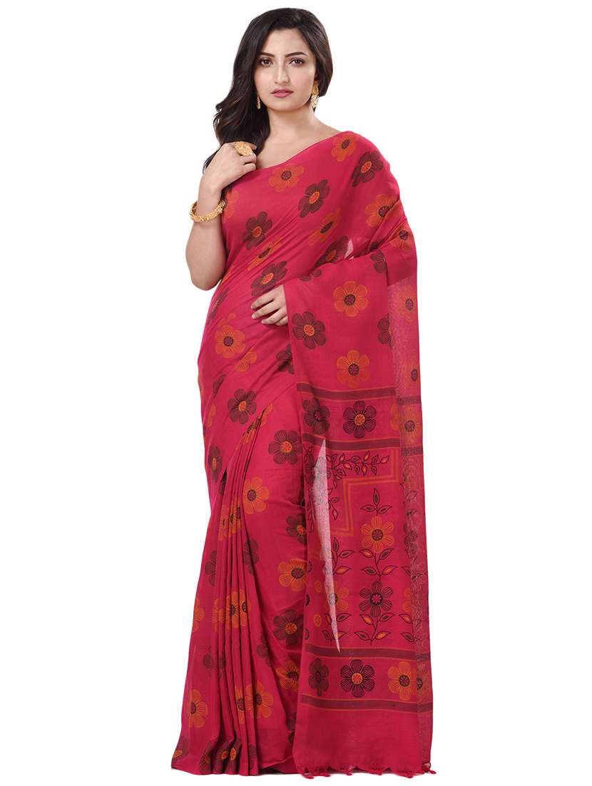 women's floral red colored saree with blouse