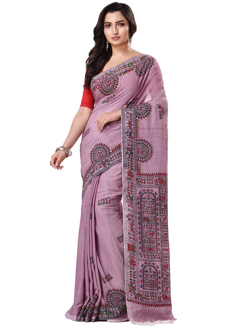 women's printed mauve colored saree with blouse