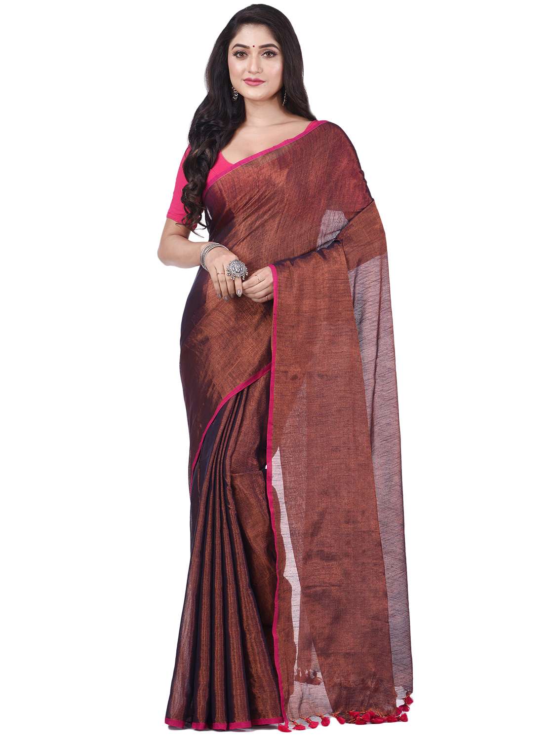 women's solid brown colored saree with blouse