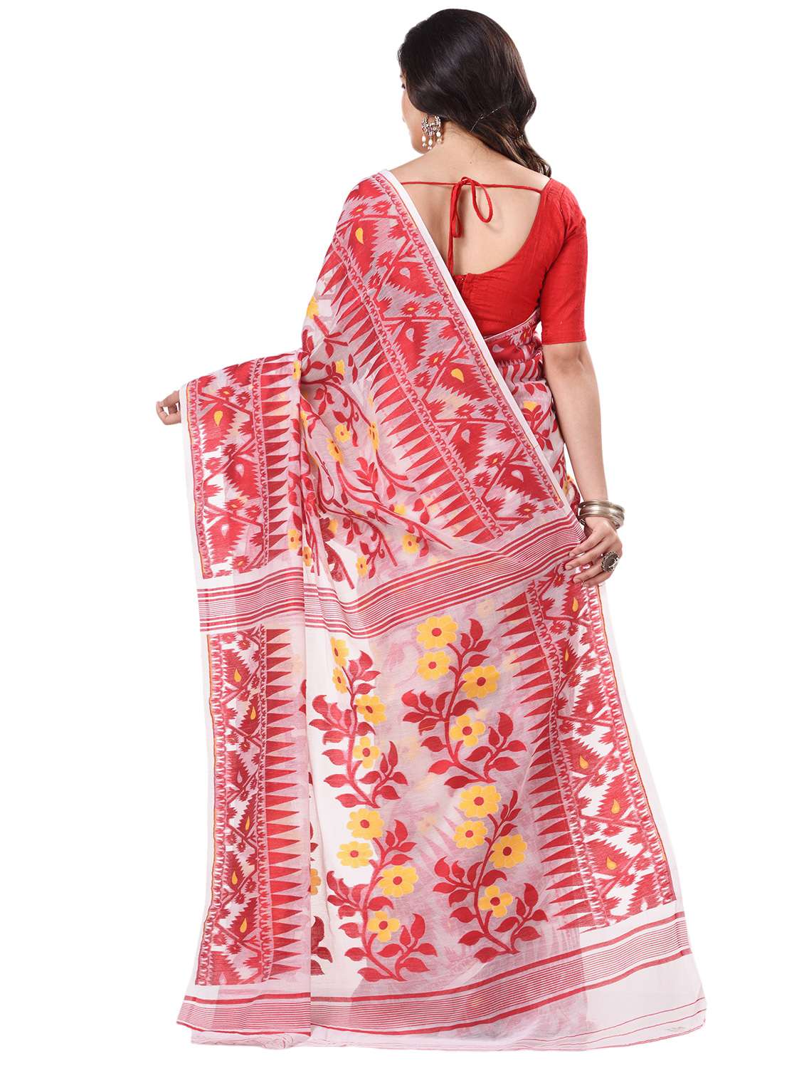 red cotton jamdani saree with blouse - 20266356 -  Standard Image - 1