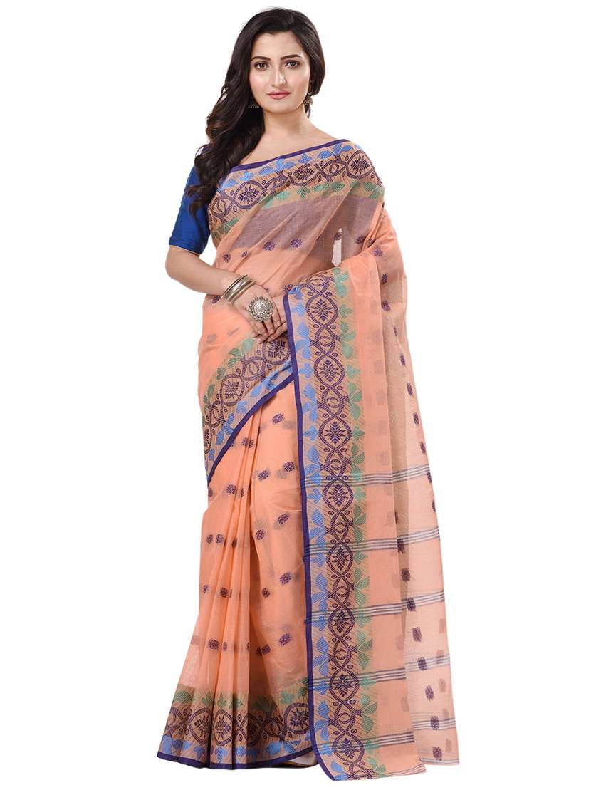 women's self design peach colored saree with blouse