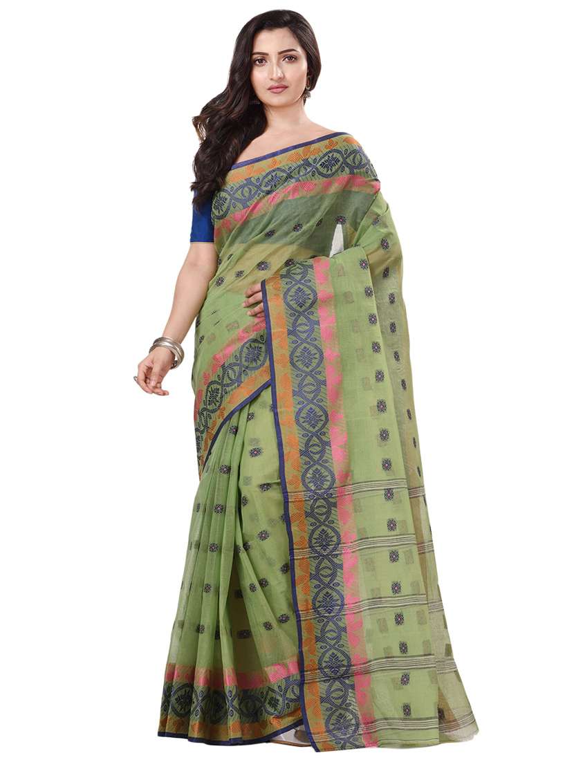 green cotton tant saree with blouse