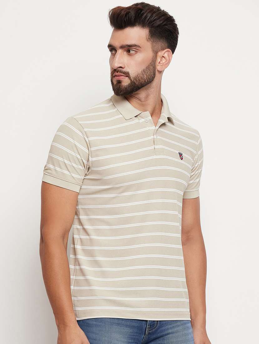 men beige stripes polyester polo t-shirt