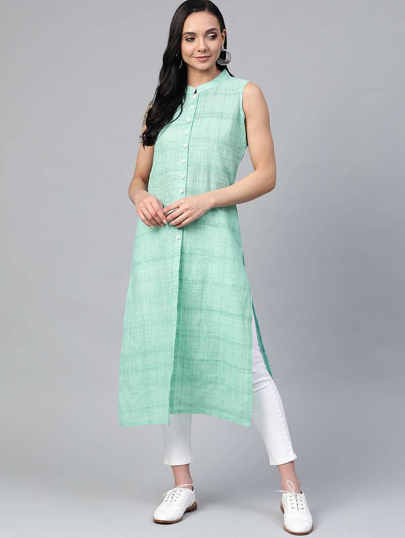 women green mandarin collar straight kurta