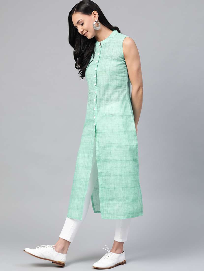 women green mandarin collar straight kurta - 20266790 - Standard Image - 1