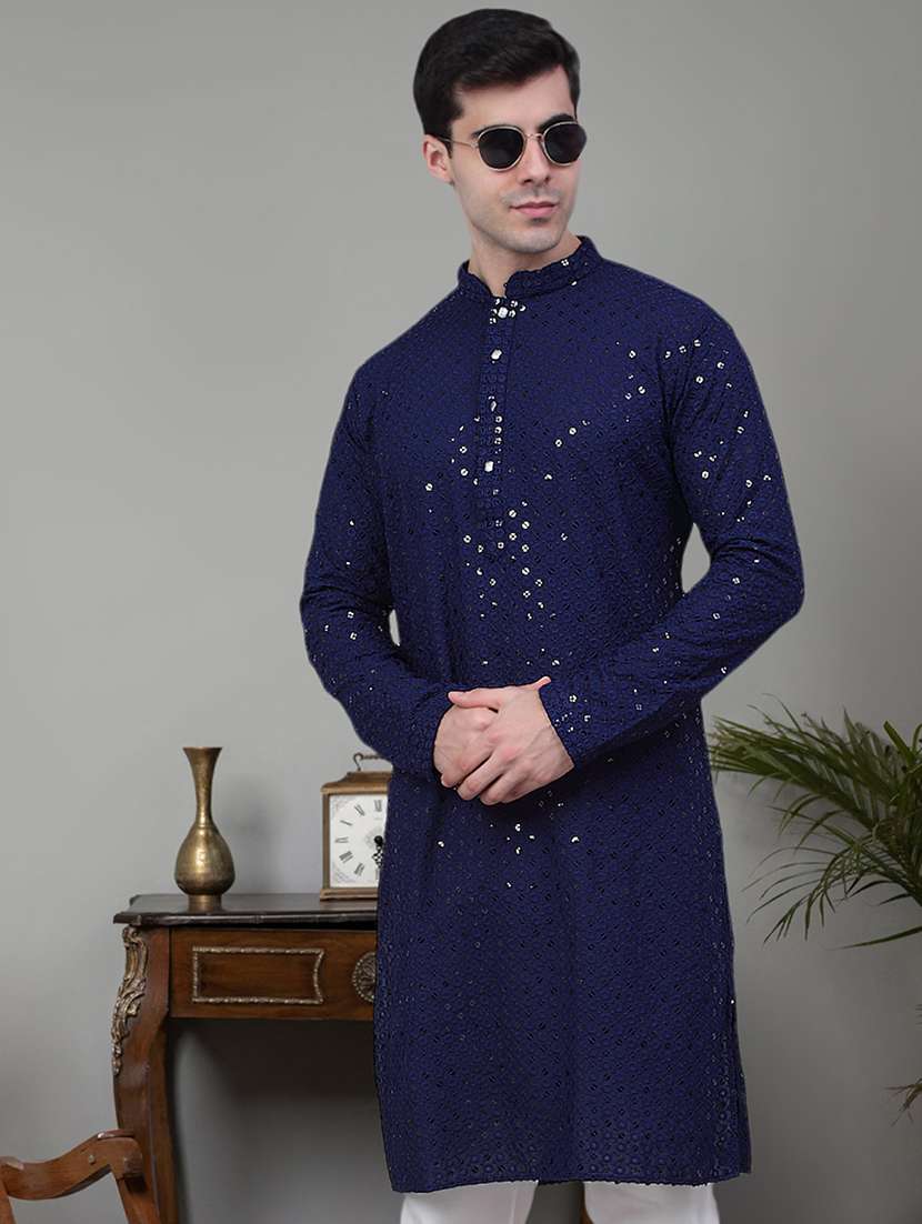 men navy blue embroidered sequin cotton long kurta - 20267136 -  Zoom Image - 0