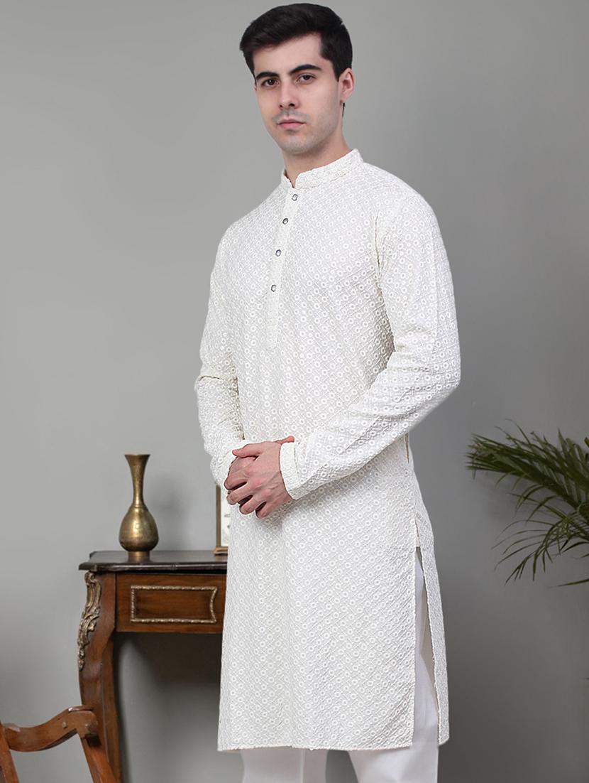 men white embroidered sequin cotton long kurta - 20267138 - Standard Image - 1