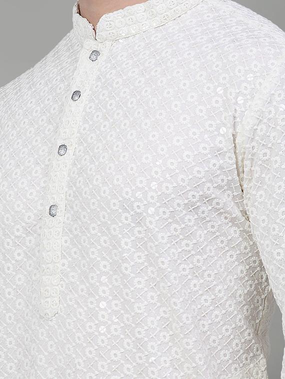 men white embroidered sequin cotton long kurta - 20267138 - Standard Image - 4