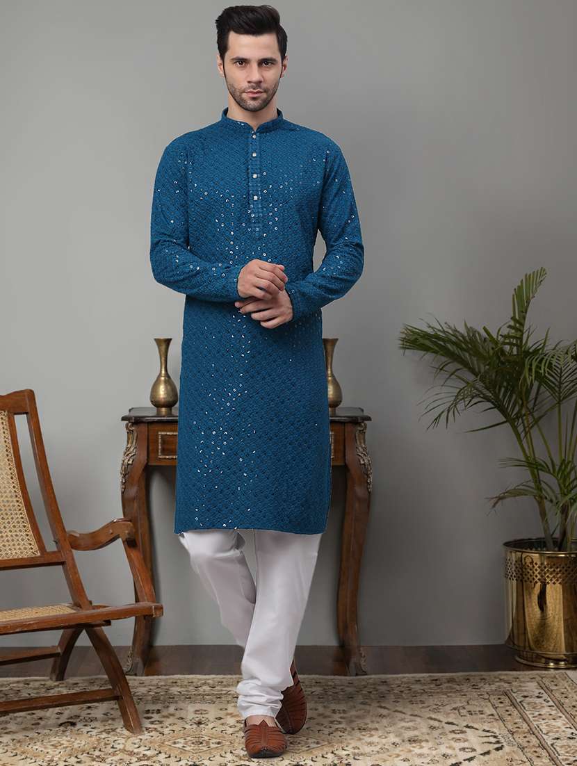 men sequin embroidered kurta churidar ethnic wear set