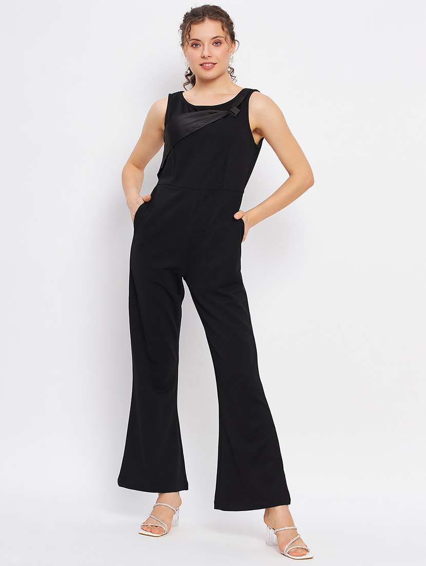 black solid sleeveless full length jumpsuit