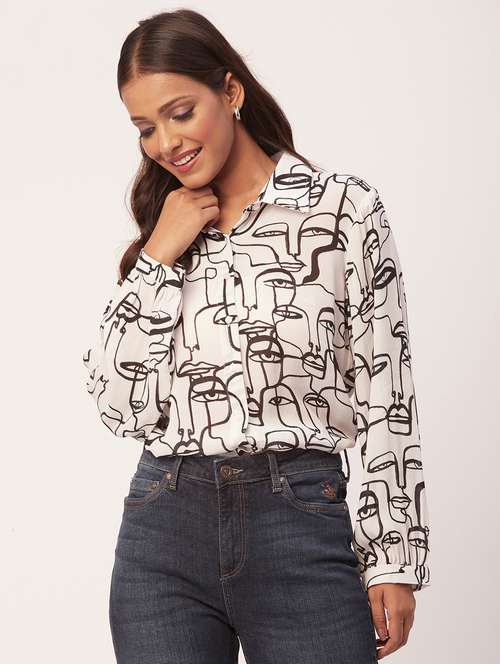 white abstract printed shirt collar regular top - 20271557 -  Standard Image - 0