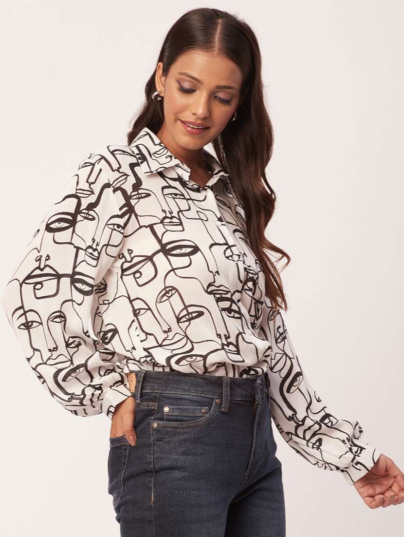 white abstract printed shirt collar regular top - 20271557 - Standard Image - 1