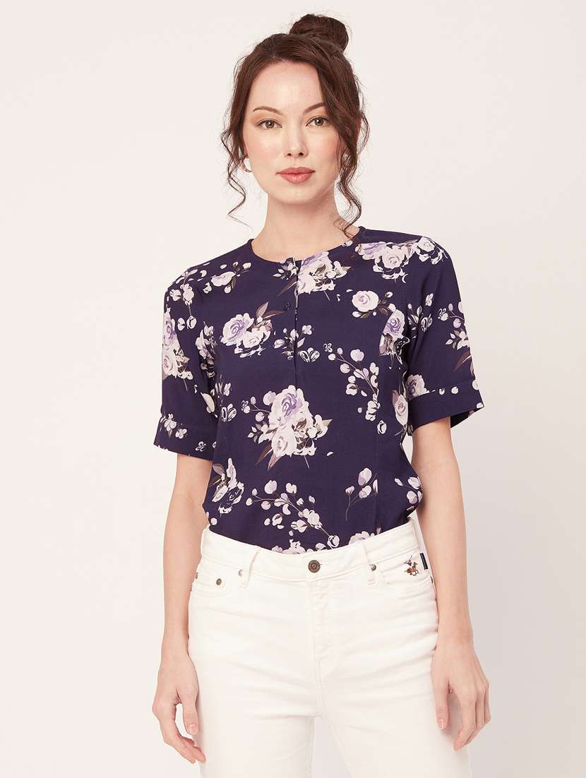 purple florals printed round neck regular top