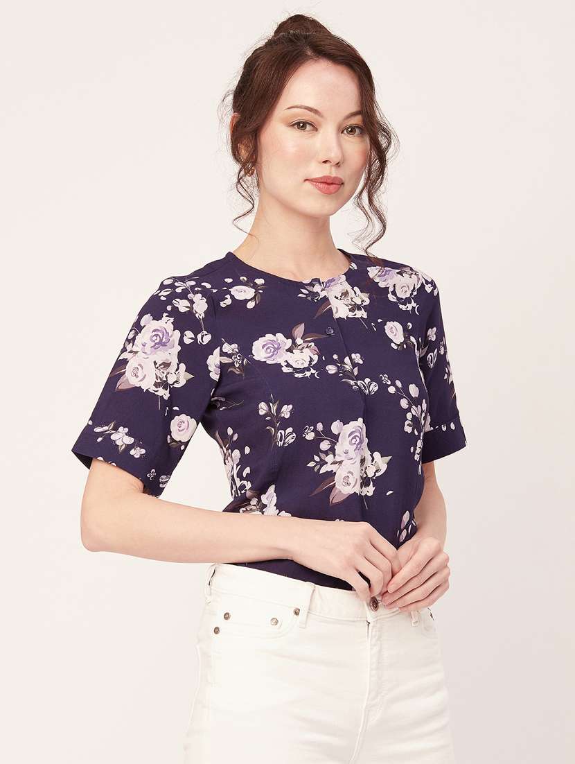 purple florals printed round neck regular top - 20271631 -  Standard Image - 1