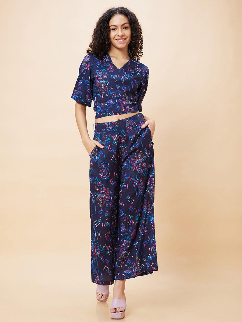 globus women blue paisley print wrap tie-back crop top & flared palazzos co-ord set - 20271687 - Standard Image - 1