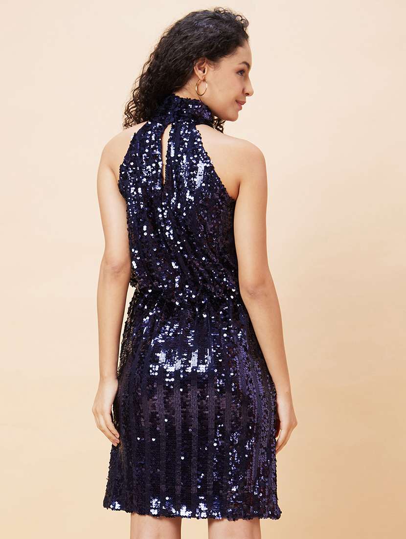 Women Navy Blue Polyester Bodycon Dress