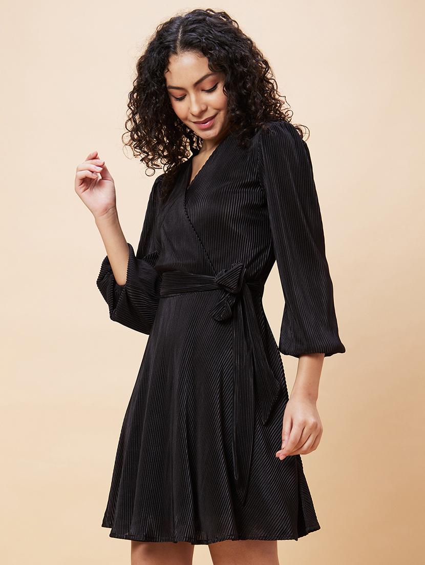 globus women black wrap neck bishop sleeves accordion pleated belted a-line dress - 20271691 -  Standard Image - 1