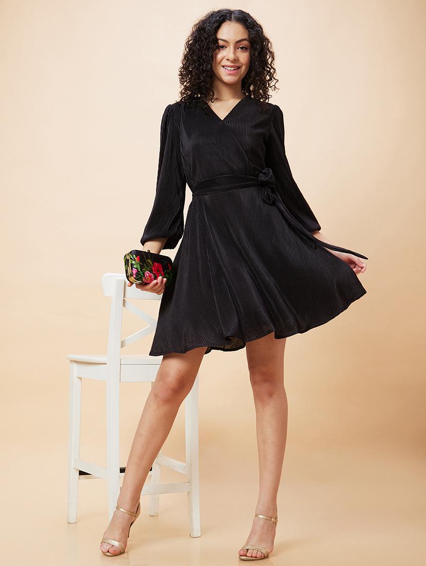 globus women black wrap neck bishop sleeves accordion pleated belted a-line dress - 20271691 - Standard Image - 4