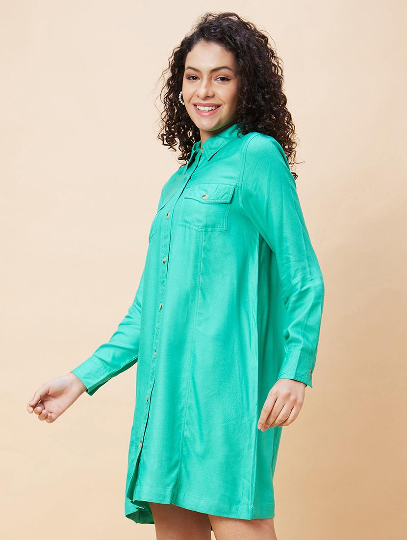 women sea green viscose shirt dress - 20271693 - Standard Image - 1