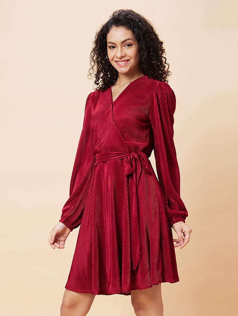 globus women wine wrap neck bishop sleeves accordion pleated belted a-line dress - 20271697 - Standard Image - 1