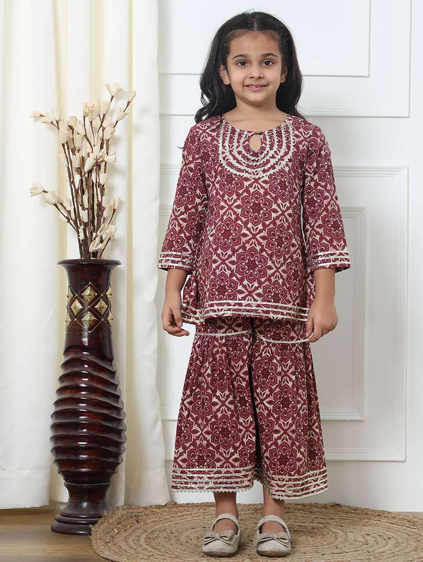 girl floral print cotton kurta sharara set
