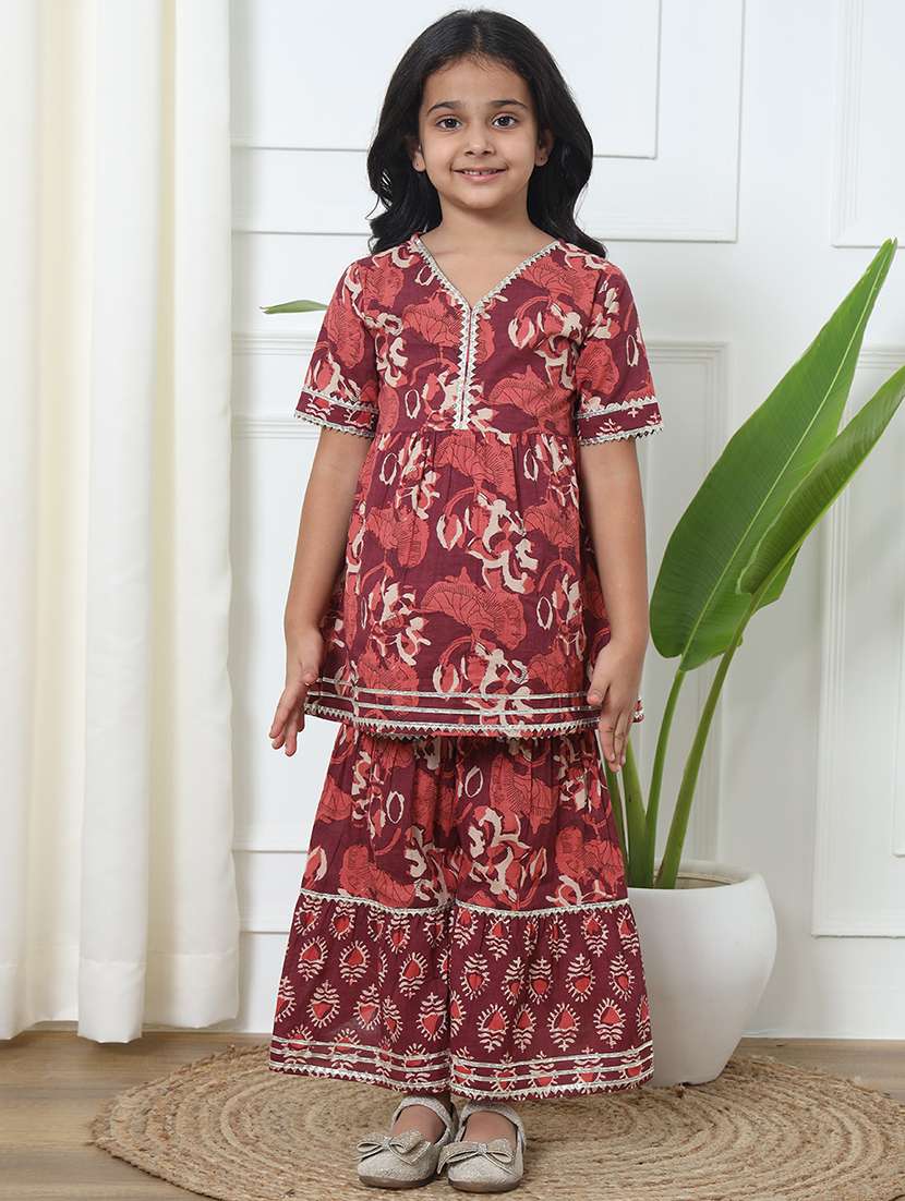 girl floral print cotton kurta sharara set