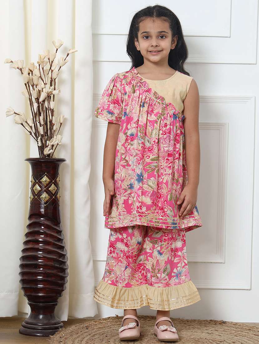 girl floral print cotton kurta sharara set
