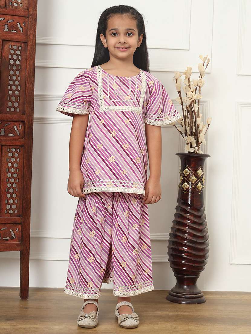 girl mirror work cotton kurta sharara set