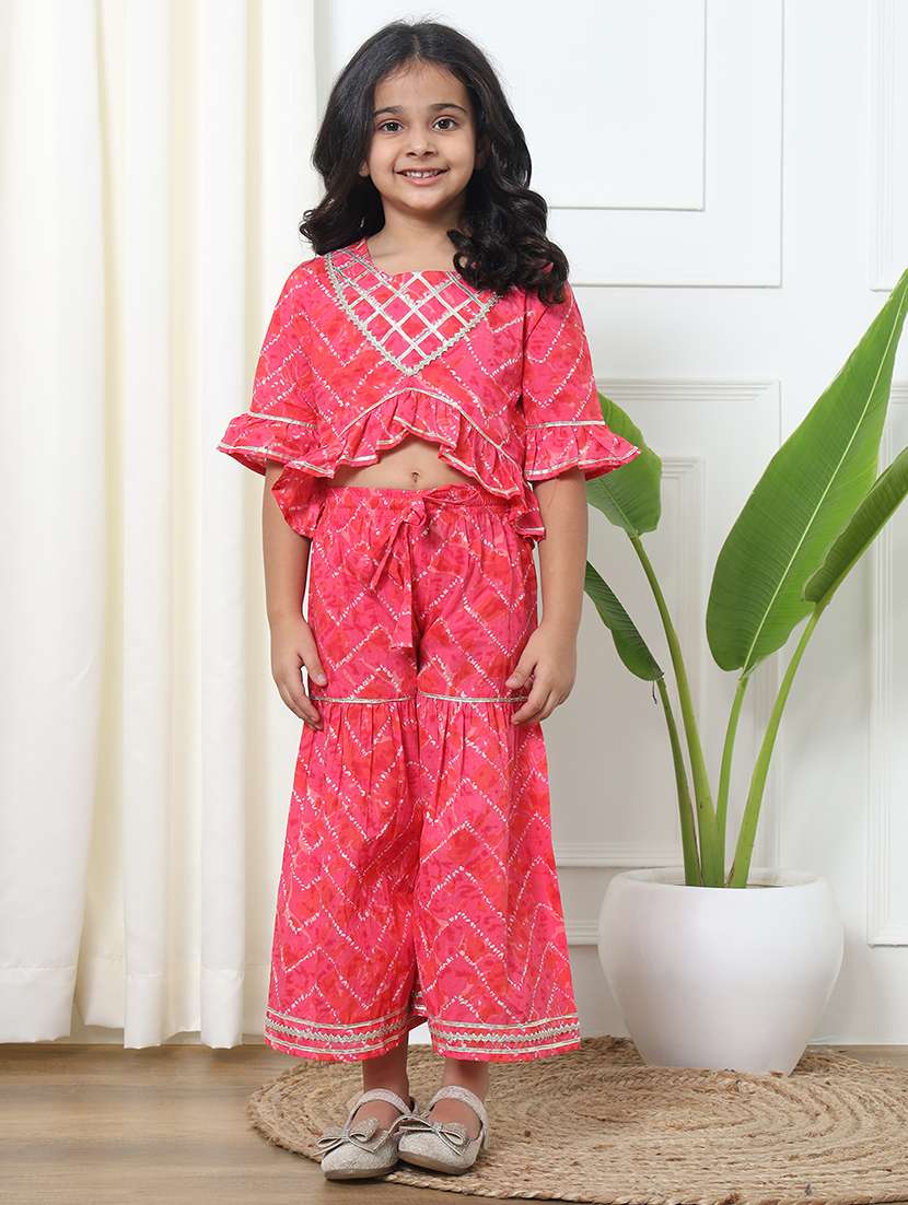 girl bandhani print cotton top sharara set