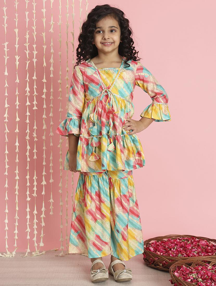 girl striped print cotton kurta sharara set
