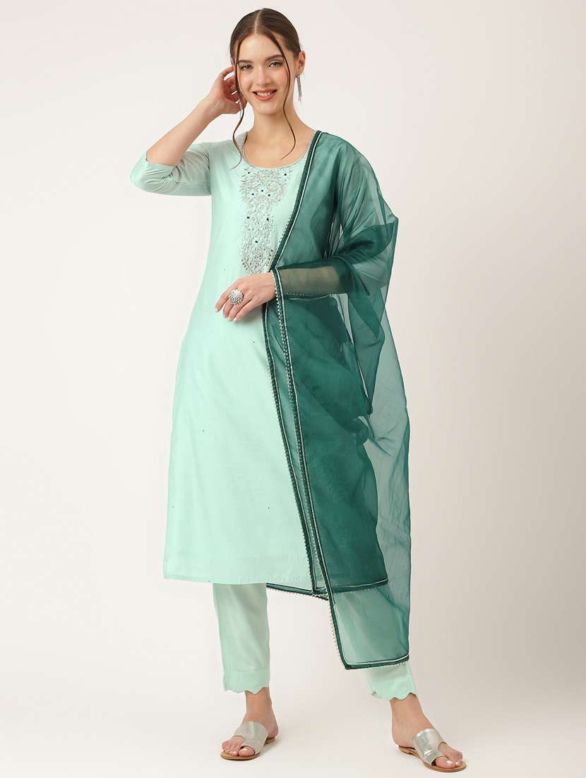 women sea green round neck kurta pant set