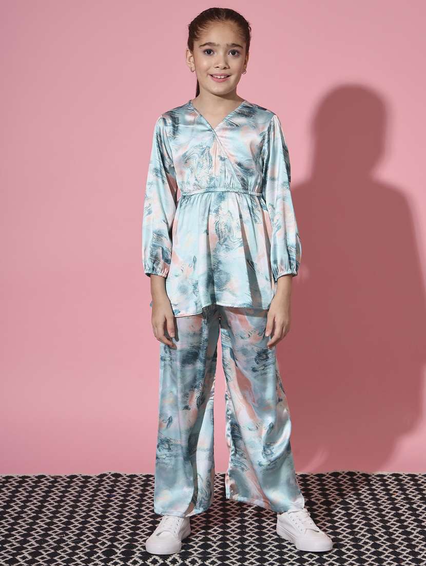 girls peplum style satin silk fabric green color co-ord set